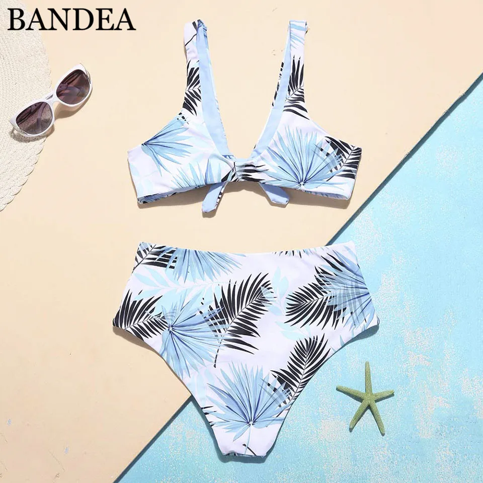 BANDEA High Waist Swimsuit Women Swimwear Print Biquinis Front Tie Swimming Suit Padded Bikinis Bather Bikini 2019 |