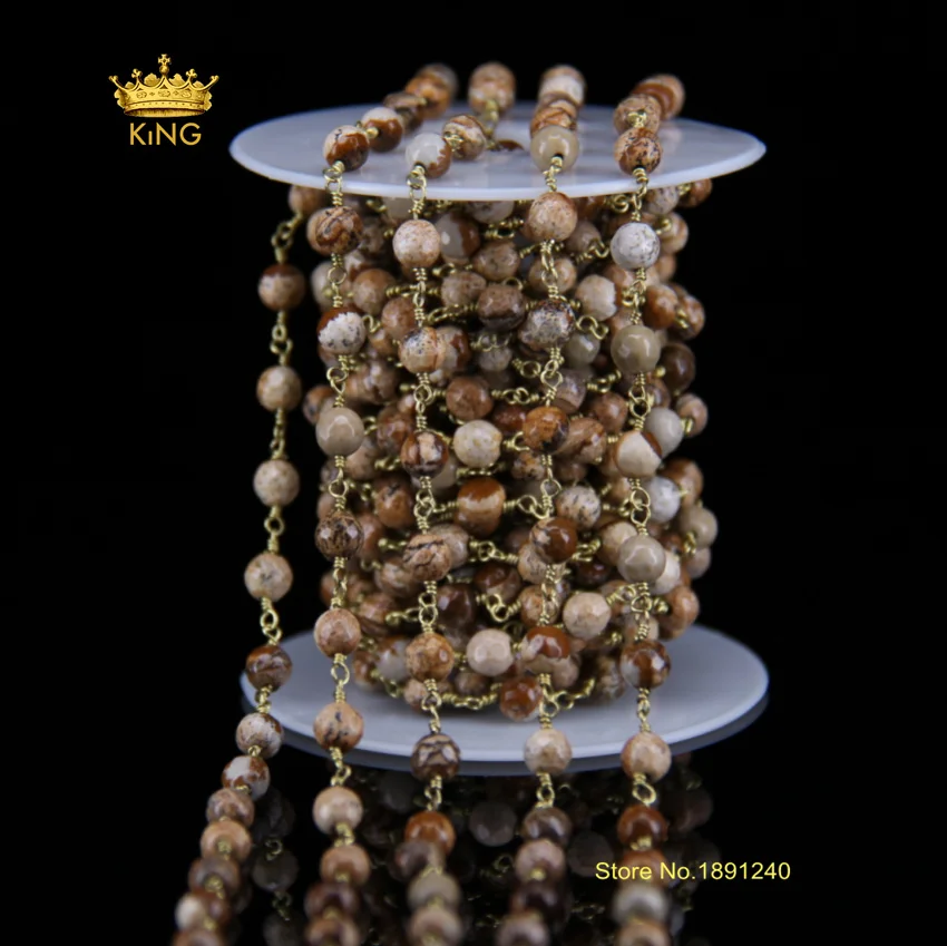 

5Meter 6mm Bulk Fashion Chains Jewelry,Picture Stone Faceted Round Beads Wire Wrapped Plated Bronze Link Necklace&Bracelet HX034