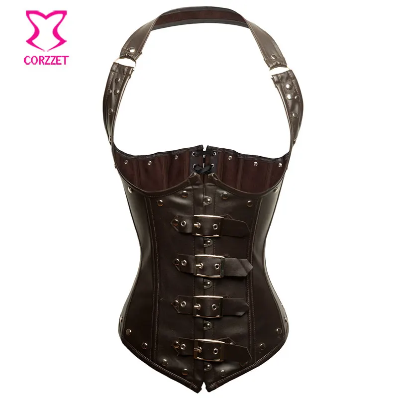Холтер шеи коричневый кожаный бюстье стимпанк под грудью Талия утягивающие