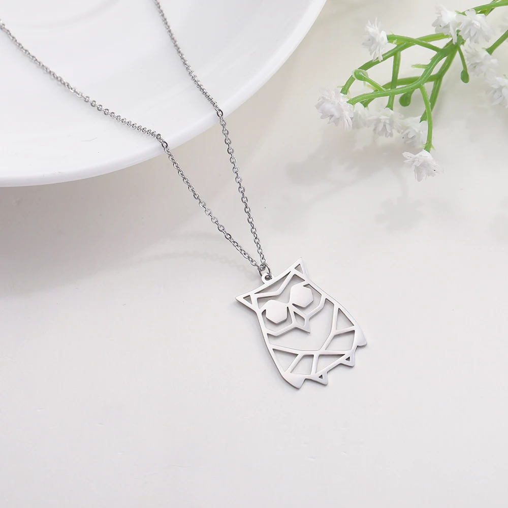 Teamer Stainless Steel Chain Necklace Owl Cock Flamingo Swallow Hollow Geometric Animal Pendant Chokers Female Gifts | Украшения и