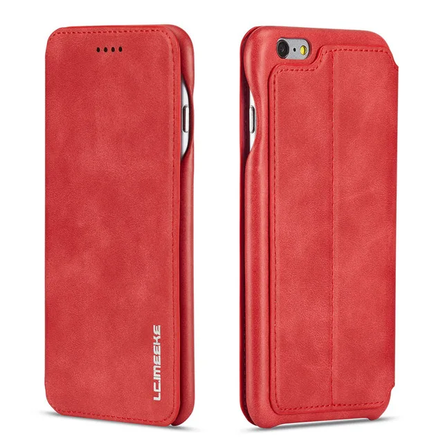 Винтажный тонкий кожаный чехол-книжка для iPhone 6, 7, 8 Plus, XS, 11 Pro, Max, XR, X, с магнитной застежкой, с функцией подставки, с отделением для карт, чехол-кошелек - Цвет: Красный