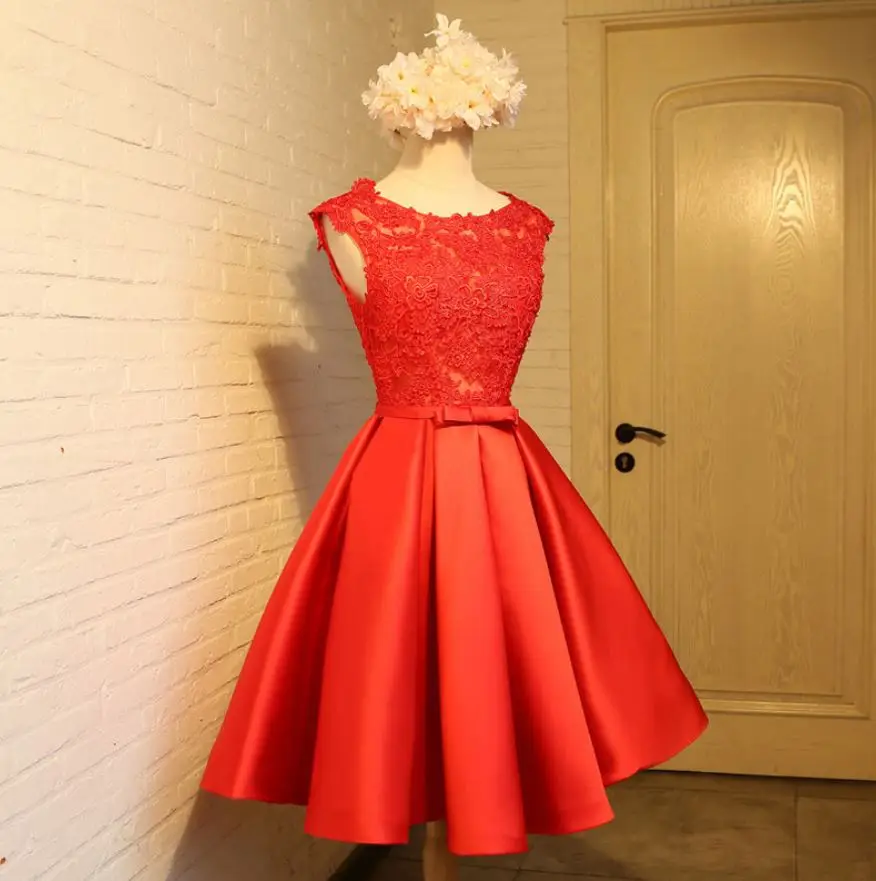 Custom wedding guest dress2019 Scoop neck lace satin A Line champagne gold silver burgundy Blush pink bridesmaid dresses short | Свадьбы и