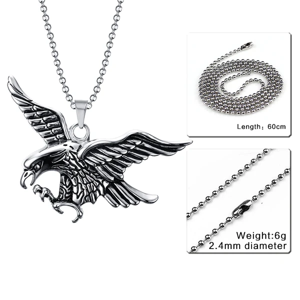 bead chain Мужские ожерелья из нержавеющей стали с подвеской в виде летающего орла, колье для мужчин в стиле хип-хоп, байкер, модные ювелирные изделия в виде животных, аксессуары для костюма - Окраска металла: bead chain