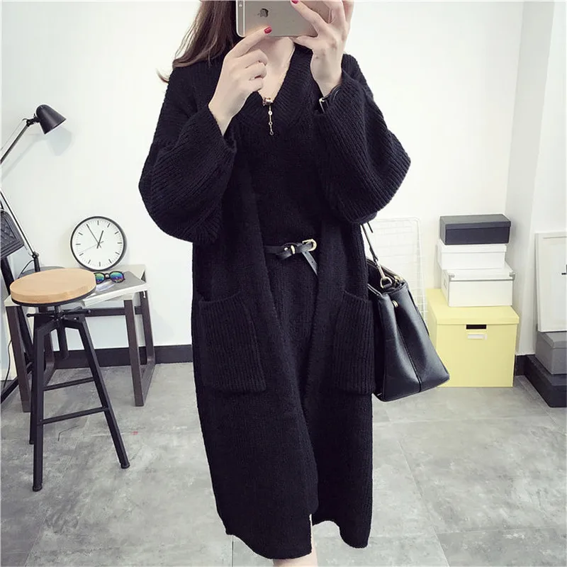 Корейский стиль 2019 весна осень модный свитер платье длинный вязаный кардиган без
