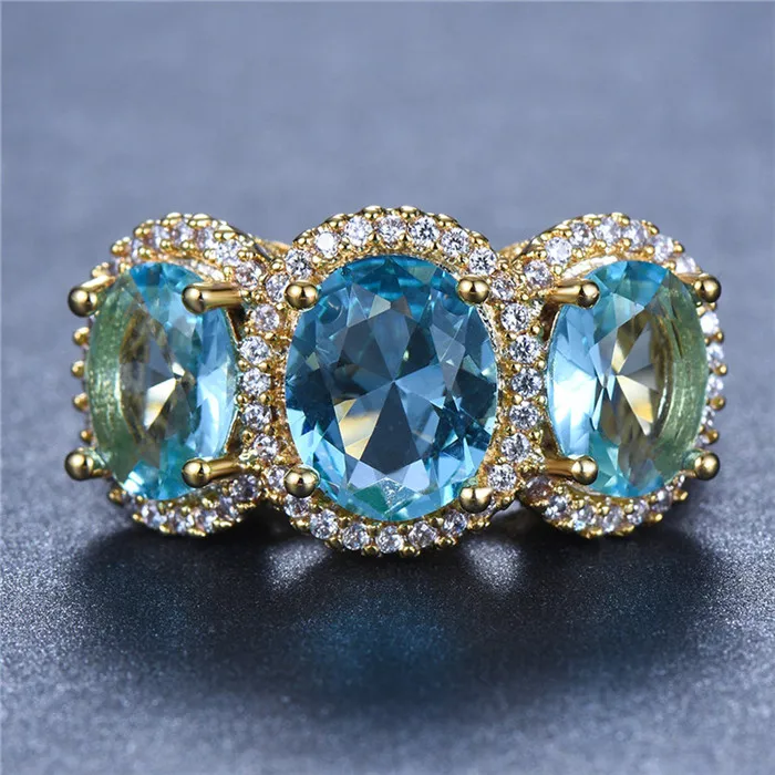 Light Blue Роскошное женское большое кольцо из желтого золота винтажные обручальные кольца большое желтое пурпурное каменное кольцо обещают милое обручальное кольцо - Цвет основного камня: Light Blue