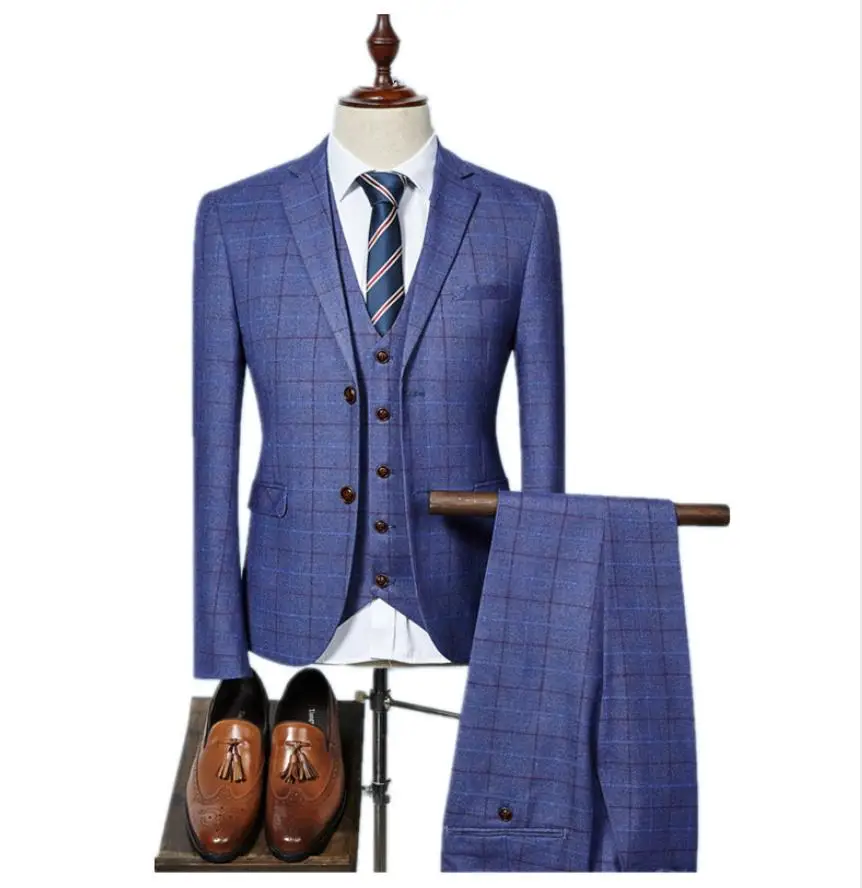 Куртка+ жилет+ брюки) мода сетка полоса Мужская Slim Fit деловой Свадебный костюм мужской Жених Лучший мужской костюм - Цвет: same photo color