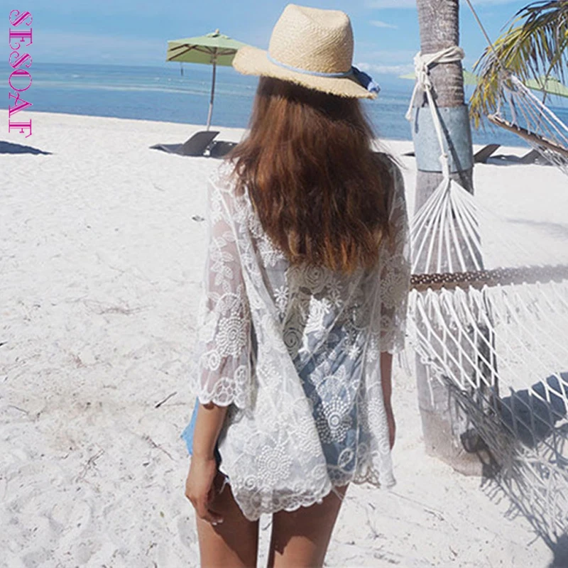 SESOAF летнее кимоно кардиган сексуальное кружевное с вышивкой модная одежда