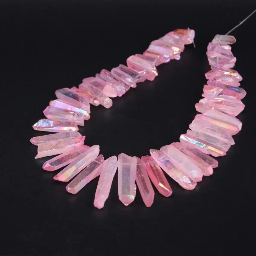 

15.5"strand Pink Titanium Crystal Quartz Top Drilled Point Beads,Raw Crystal Stick Graduated Pendant Beads For Jewelry Making