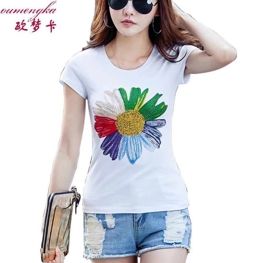 OUMENGKA модные женские новые футболки цветочный принт и футболка со стразами Топы