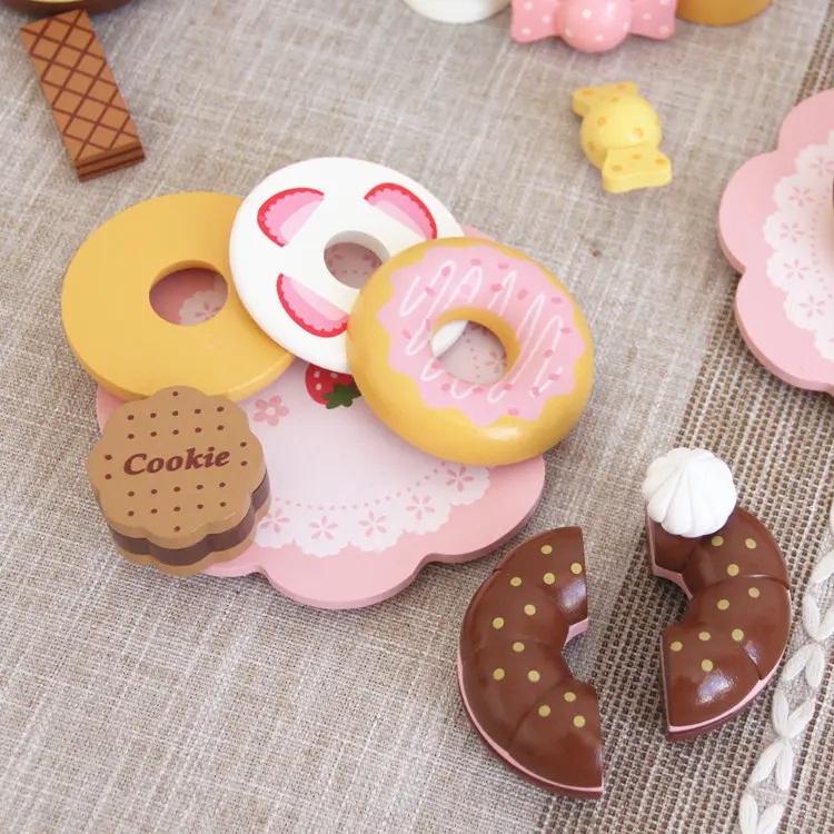 Baby Toys Strawberry Simulation Doughnut Set Wooden Toys For Kids Afternoon Tea Cake Child Educational Birthday Gift