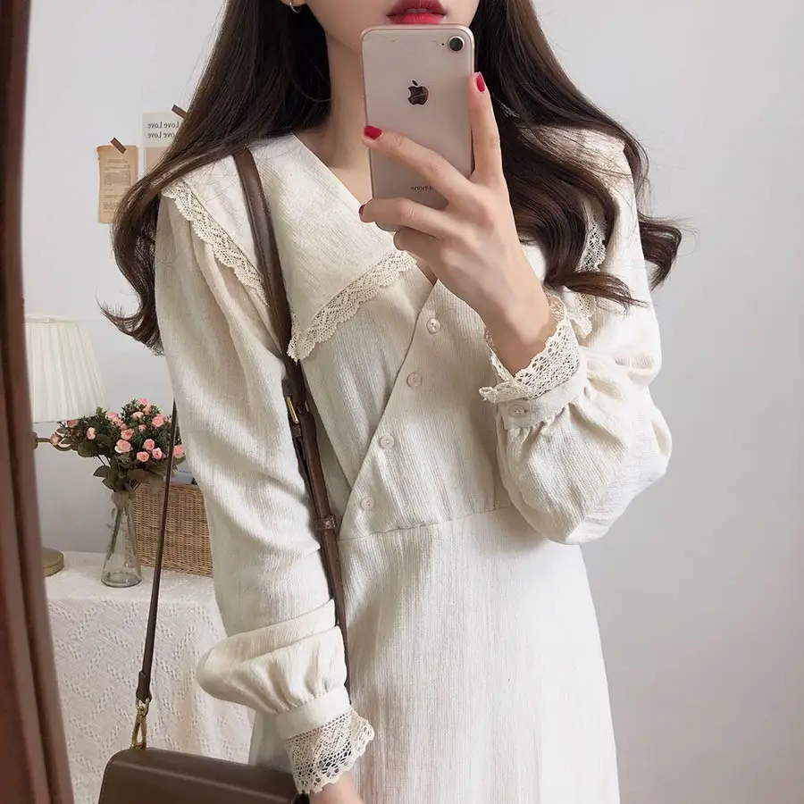 Коллекция года, Новое поступление, S-XL-весеннее кружевное платье для девочек, повседневное, бохо, OL, повседневное, синее, с длинным рукавом, женские платья, женское платье, брекеты, robe Femme Vestido