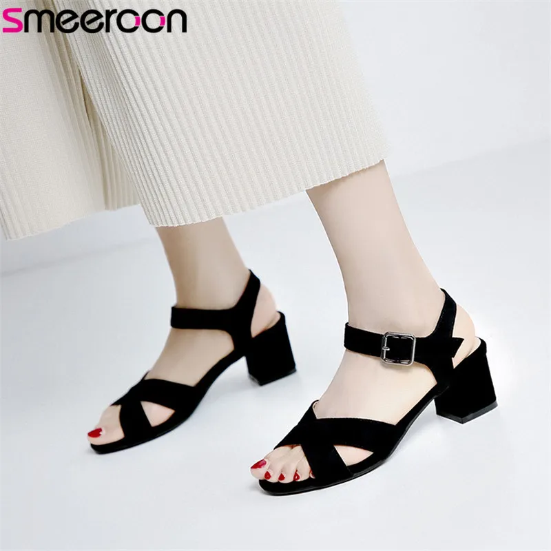 

smeeroon 2020 new arrival women sandals flock solid colors summer sandals buckle simple dress shoes ladies office shoes black