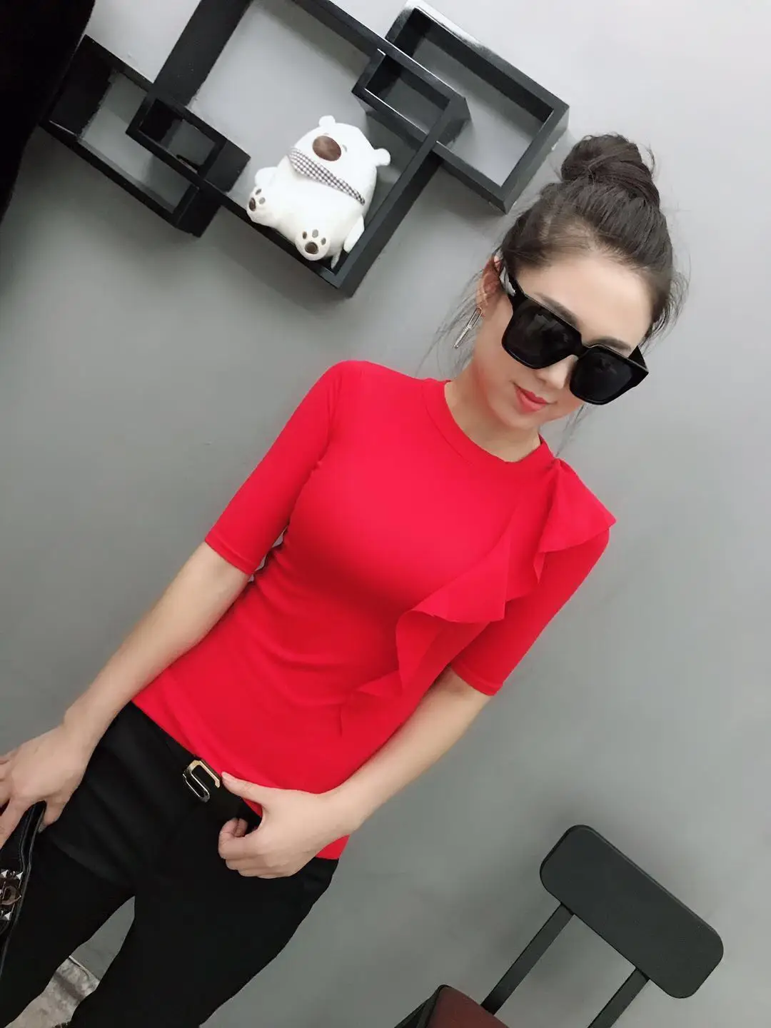 2020 Spring Half Sleeve O Neck Ruffles Cotton T-shirts Women Fashion Body Colorful Bodycone Tops | Женская одежда