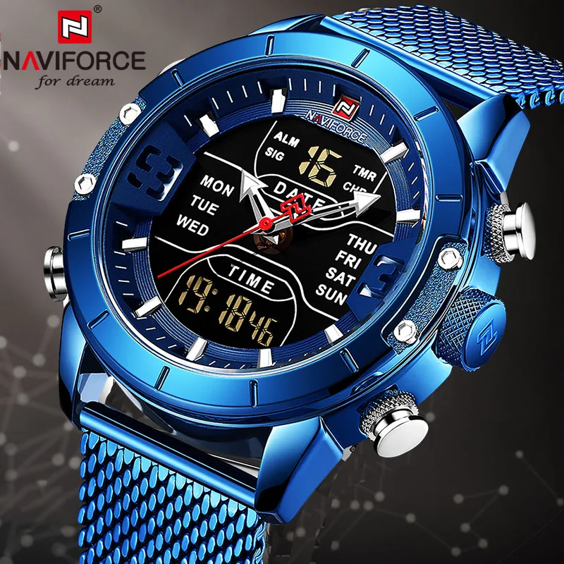 Naviforce роскошные часы мужские синие цифровые аналоговые кварцевые часы мужские спортивные часы водонепроницаемые светодиодные цифровые мужские наручные часы