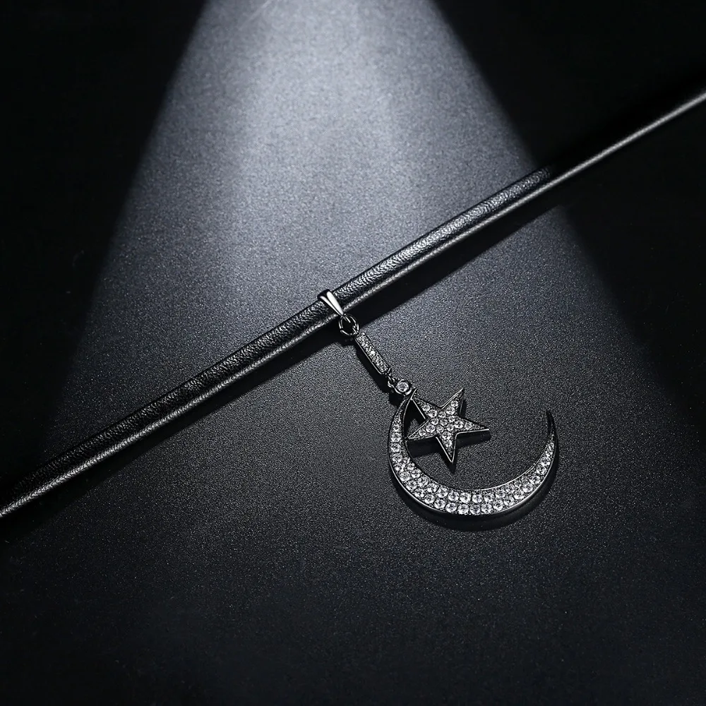 Luoteemi готический панк Harajuku луна и звезды черная кожа колье Цепочки ожерелья