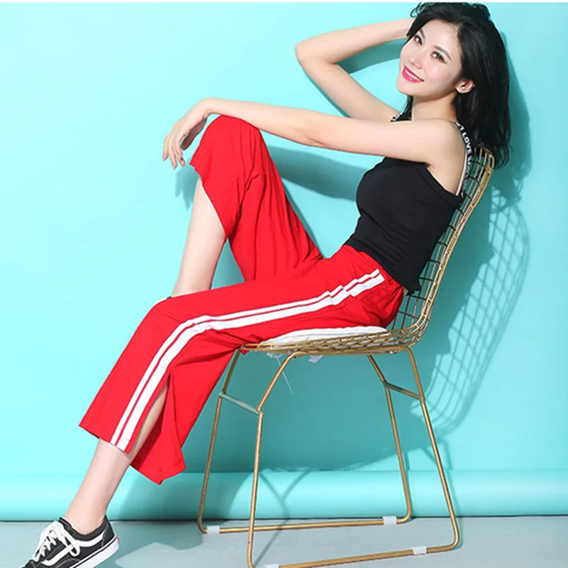 Шикарные широкие брюки женские летние свободные полосатые студенческие с