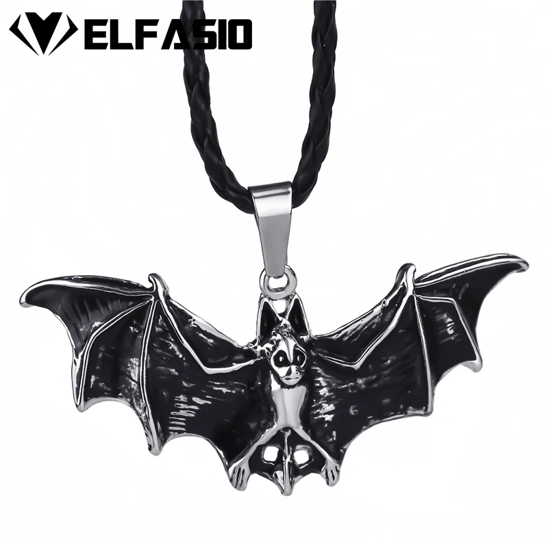 Мужская Серебряная подвеска в виде летучей мыши вампира с черным ожерельем
