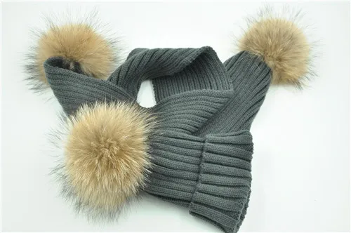 Dark grey natural Детские трикотажные лыжные шапочки и шарфы, зимняя шапка с помпоном из натурального меха, шарф, комплект для детей, Толстая теплая натуральная шапка с меховым помпоном - Цвет: Dark grey natural