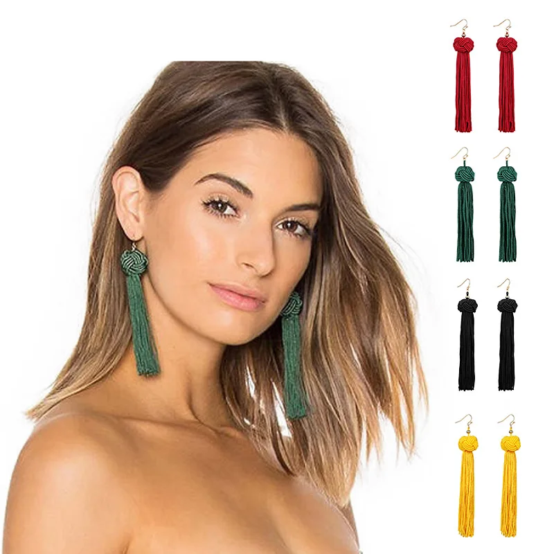 

Bohemia Ethnic tassel Drop Earrings For women 2020 Trendy Black Red Yellow Green Long Silk Fringed Dangles statement ear Jewelry