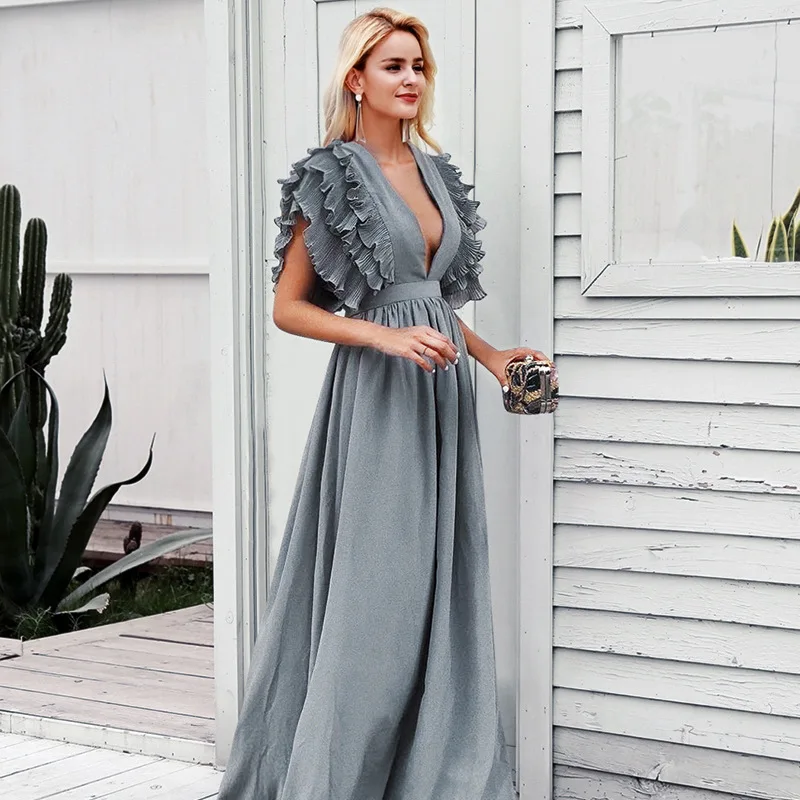 Maxi Summer Women Long V Neck Plus Size Dress S-3XL Ruffle Vestido Butterfly Sleeve Weeding Party Elegant Robe Femme W1097 | Женская