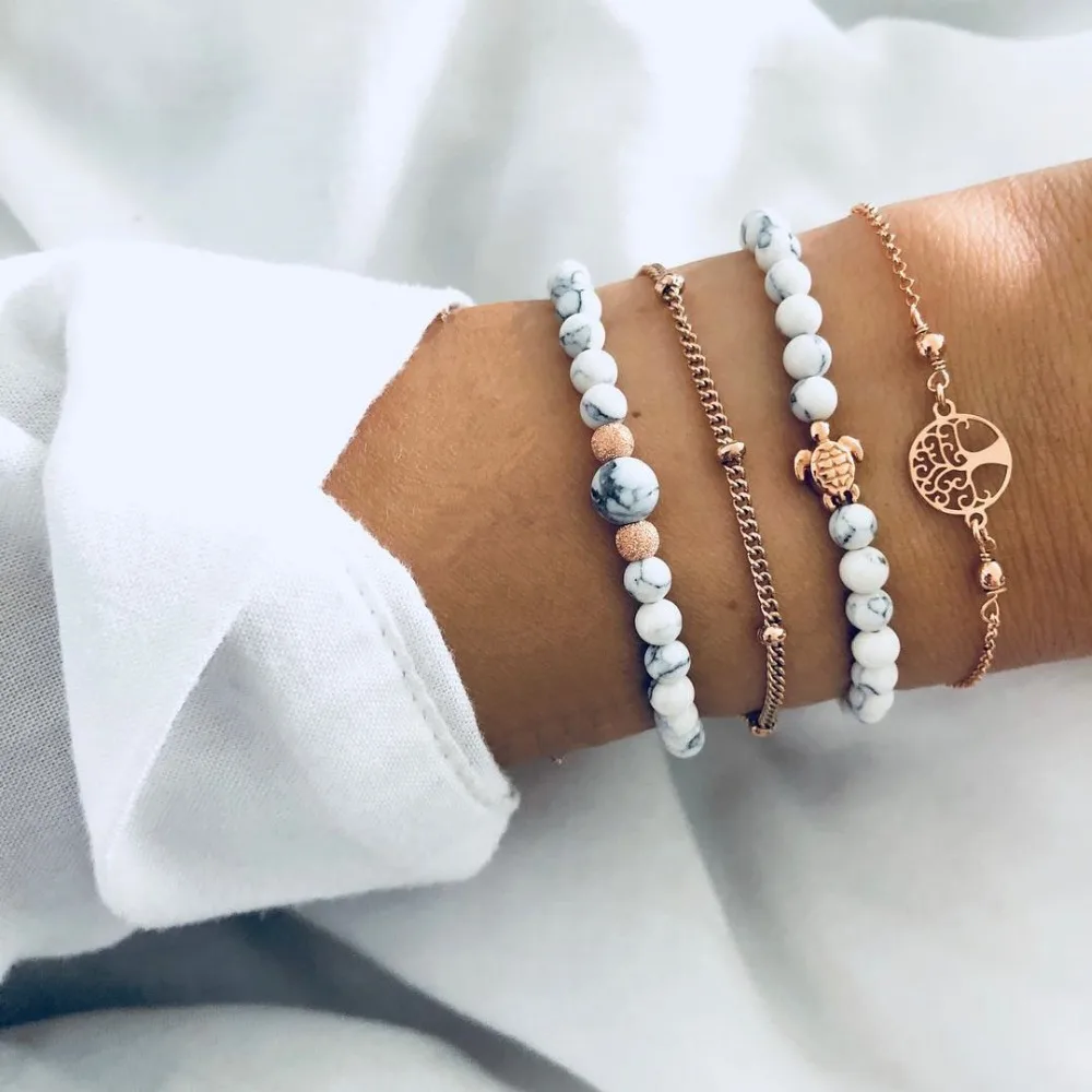 

Fashion Exquisite Women Multilayer Bangle Bracelet Metal Carving Animal Cutout Tree Faux Stone Beads 4 Pieces/Set Bracelet