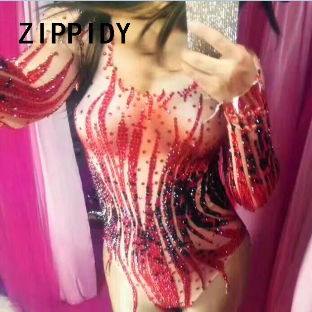 Bright Black Red Rhinestones Sexy Bodysuit Full Stones One-piece Singer Dance Costume Nightclub Prom Birthday Celebrate Leotard