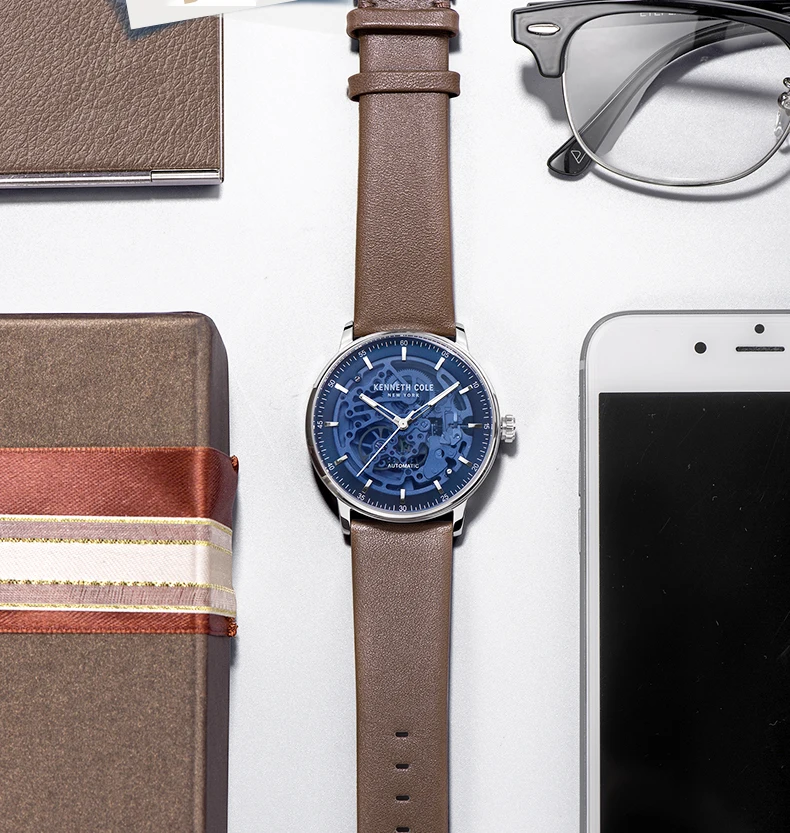 Kenneth Cole оригинальные мужские часы коричневые автоматические механические с кожаной пряжкой водонепроницаемые Роскошные Брендовые Часы KC15104003
