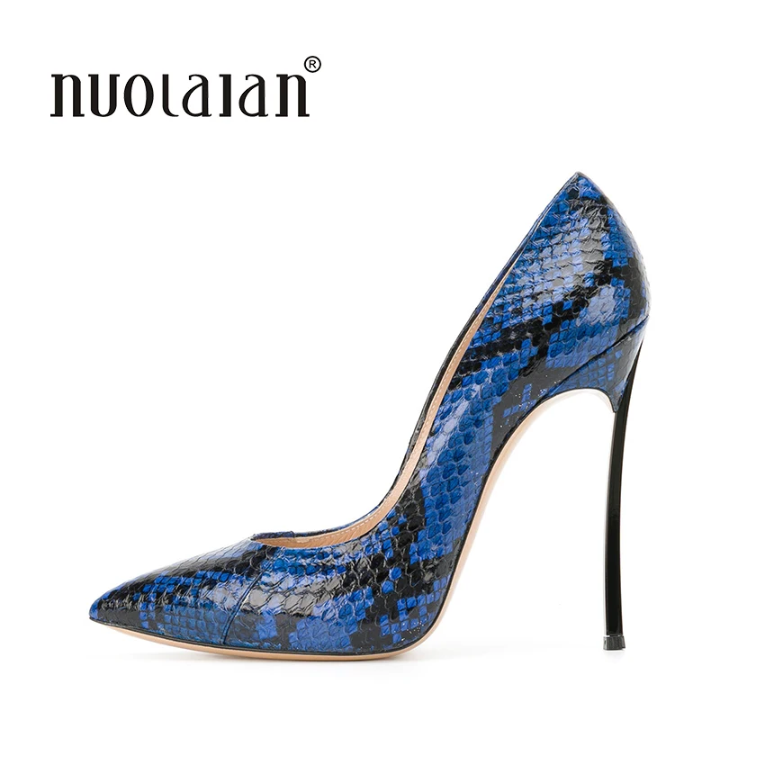 2018 Модные Фирменные женские туфли синий со змеиным принтом туфли-лодочки на