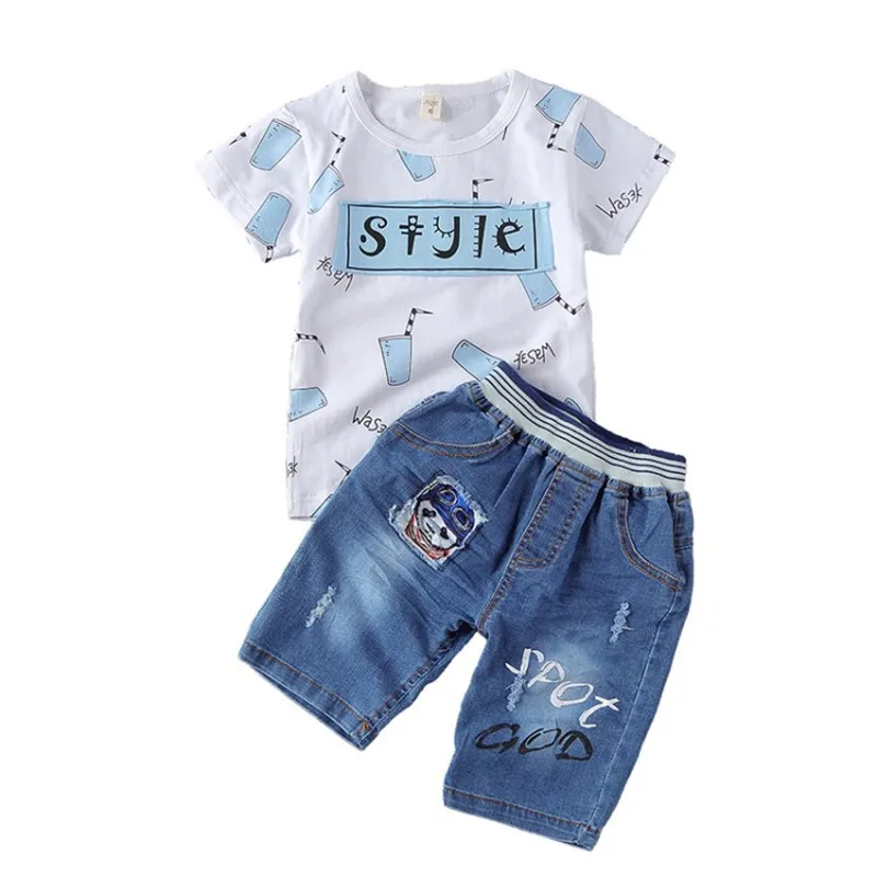 Boys summer clothes sets new 2019 fashion cotton cartoon t-shirt+denim shorts 2pcs for children boys casual tracksuits outfits |