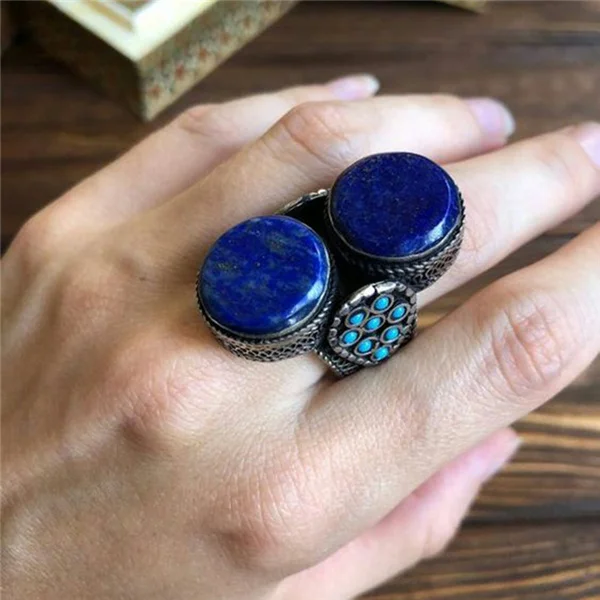 RING Высокое качество, двойное круглое кольцо с темно-синим камнем, винтажное старинное инкрустированное синим бисером, огромные кольца для мужчин и женщин, подарки Z4M103 - Цвет основного камня: RING