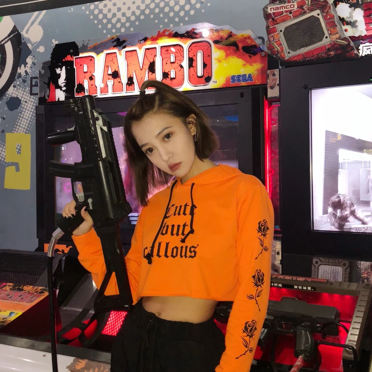 Женская готическая Толстовка Harajuku оранжевая Короткая с длинным рукавом и