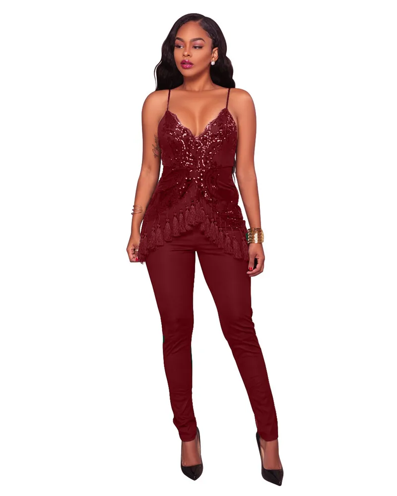 Женский Блестящий Комбинезон с V образным вырезом и открытой спиной|sequined jumpsuit and