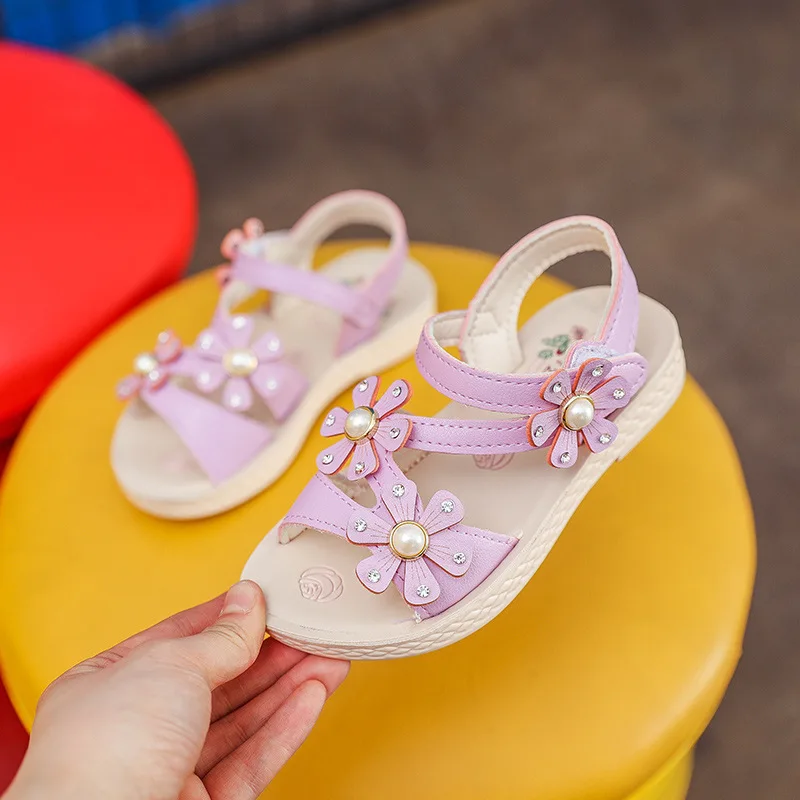 

Сандалии детские летние с открытым носком, мягкая подошва, цветы, стразы, пляжная обувь принцессы, большие размеры, 2018