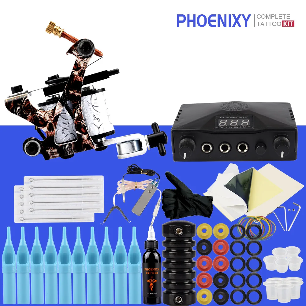 Стартовый набор для тату-машины с одной катушкой пистолета, 20 цветами пигментных чернил, наборами черной мощности, начинающим зажимом и постоянным макияжем.
