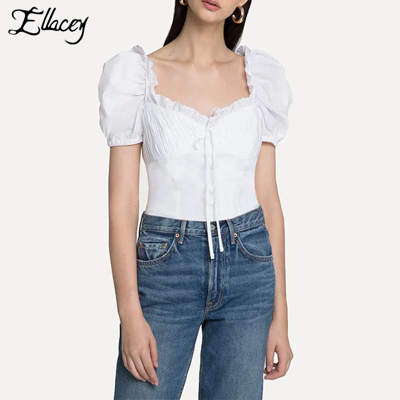 Ellacey 2018 весенне-летние белые футболки Топы женские короткие с