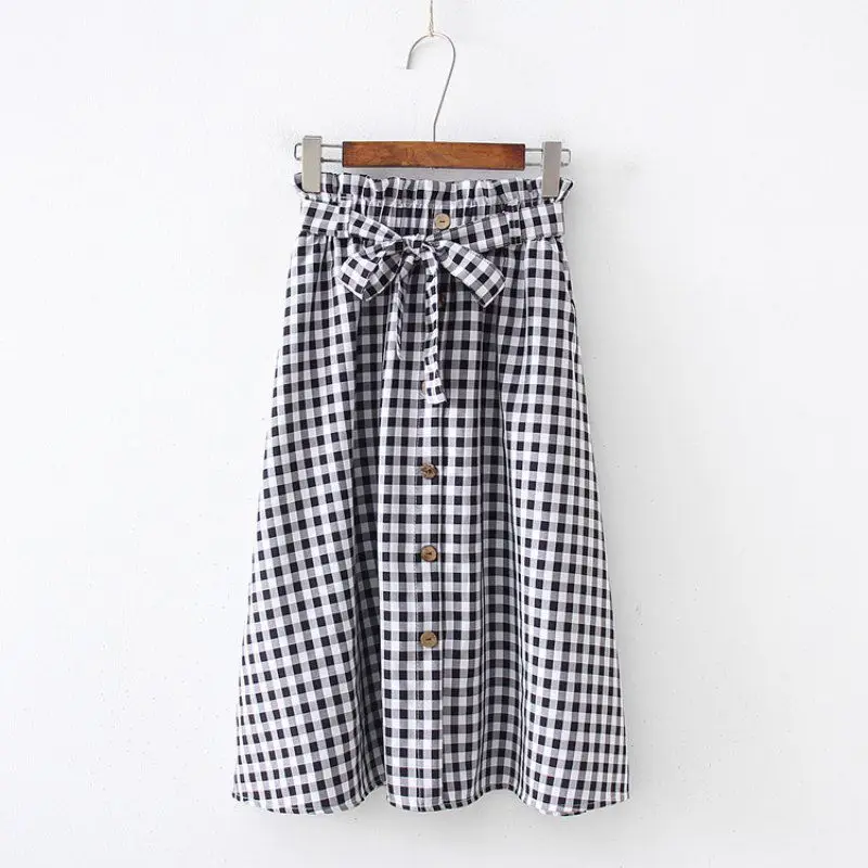 Sweet Button Print Skirt Women Bow Lace Up Vintage Literary Style Elastic High Waist Wild A Word Long Skirt