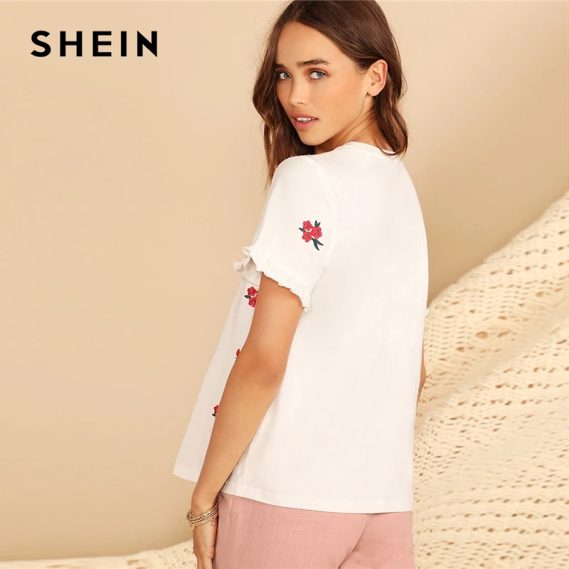 SHEIN Футболка С Цветочной Вышивкой И Оборками Весенняя Современная Женская Футболка С Круглым Вырезом