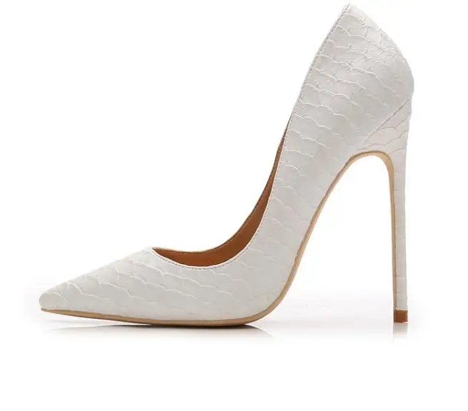 

Moraima Snc Pointed Toe High Heel Shoes White Snaekskin Leather Thin Heels Pumps Woman Dress Heels Big Size 12CM Heels Shoe