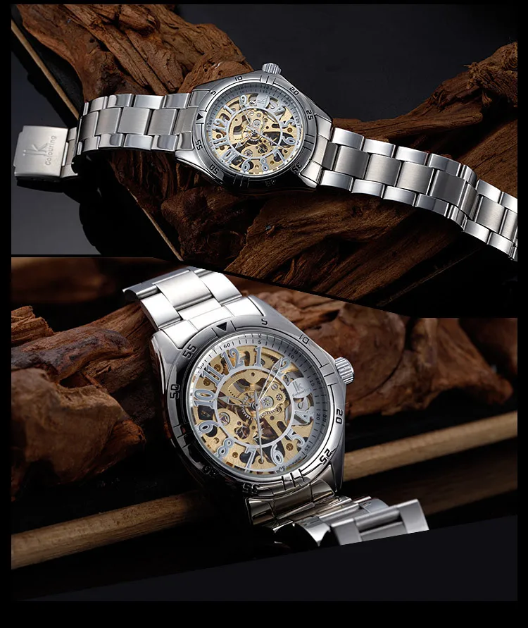 

IK Colouring Fashion Casual Men Clock Stainless Steel Band Mechanical Hand Wind Watch Luxury Golden Skeleton Male Wristwatch