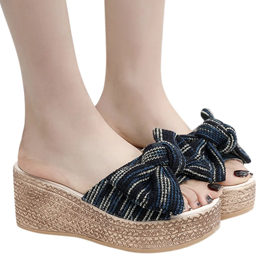 Летние женские модные туфли на танкетке с пеньковой подошвой толстой подошве