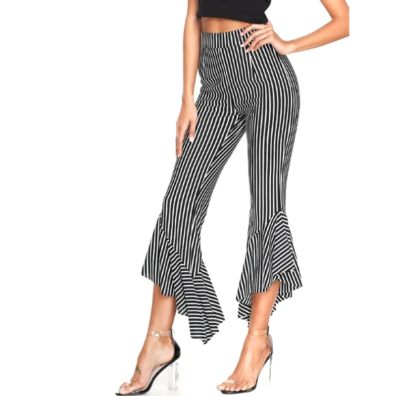 Черные и белые полосатые расклешенные леггинсы модные сексуальные облегающие