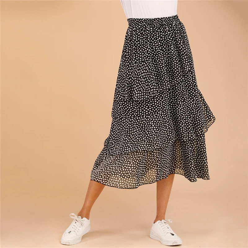 Dotfashion черно-белая многослойная юбка с принтом для женщин Лето Бохо весна Дамская мода трапециевидная Юбка со средней талией