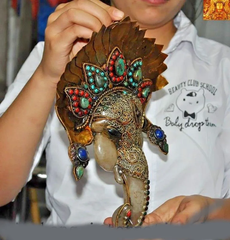 

wedding decoration 10"Tibetan silver Filigree 24k gold Inlay gem Elephant Jambhala Shrines statue New Year