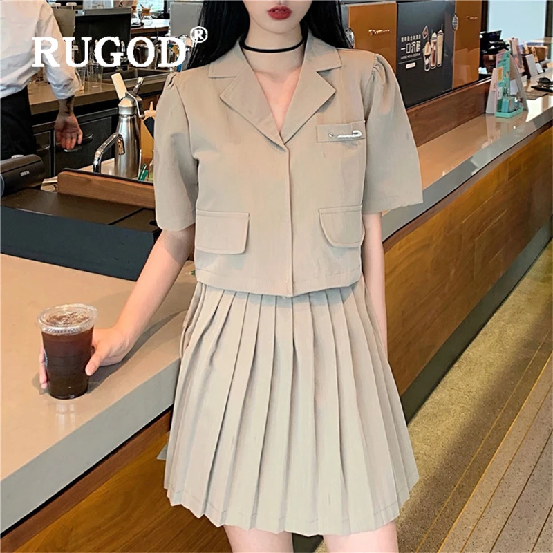 Женский костюм с юбкой RUGOD элегантный однотонный топ отложным воротником и
