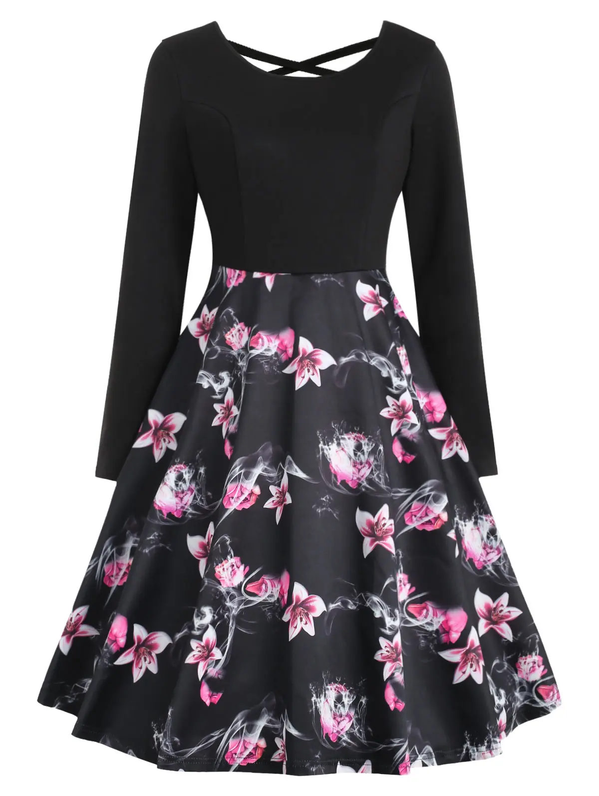 Floral Print Criss Cross Women Retro Dress 50s 60s Round Neck Long Sleeves Rockabilly Swing Vintage Party Vestidos | Женская одежда