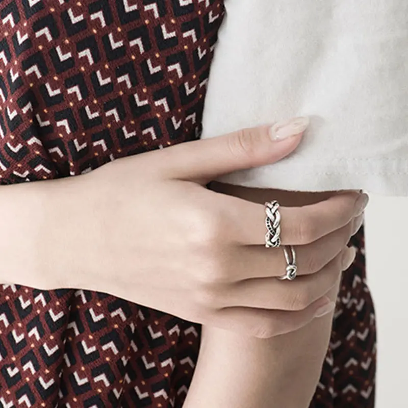 

YPAY Pure 925 Sterling Silver Adjustable Ring Women Vintage Geometric Weave Cross Black Zircon Open Rings Party Jewelry YMR797