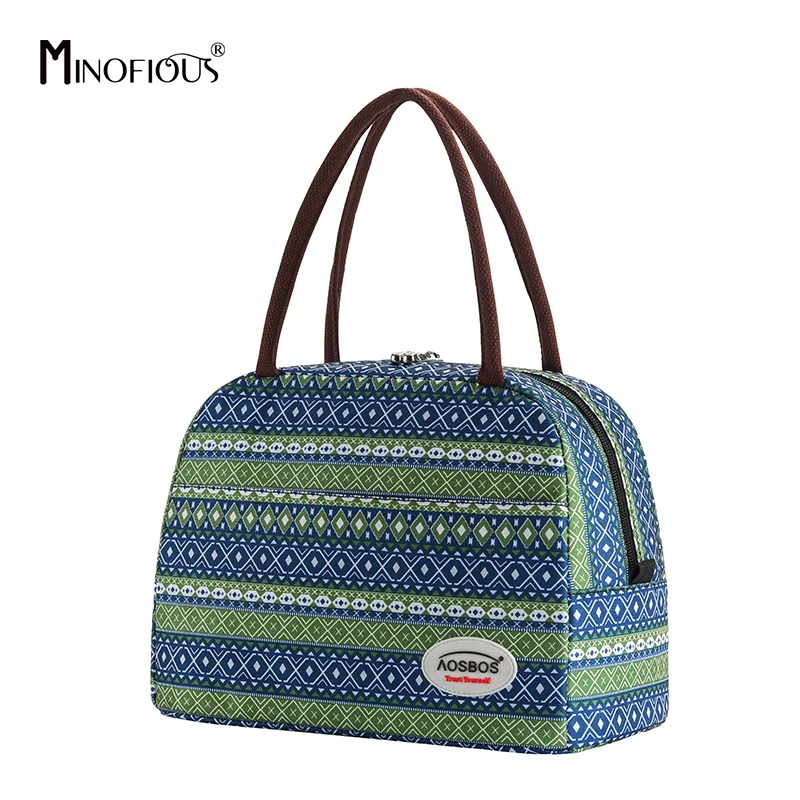Bohemian blue MINOFIOUS печати сумка для завтрака с теплозащитным покрытием Портативный холст Термальность Еда; Ланч-бокс, сумки-холодильники Коробки для обедов Сумка-тоут для Для женщин Для мужчин для детей - Цвет: Bohemian blue