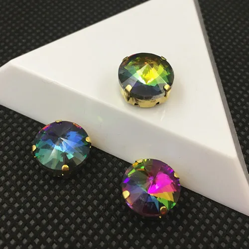 rainbow Круглый Rivoli пришить стразы с золотой коготь настройки 6 8 10 12 14 16 мм Стеклярус для шитья камни для Одежда - Цвет: rainbow