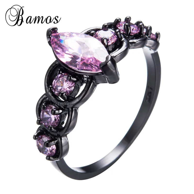 Pink Мистическое фиолетовое/красное/зеленое циркониевое многоцветное кольцо Bamos с камнем по месяцу рождения, кольцо с черным золотом, обручальные кольца радуги для женщин - Цвет основного камня: Pink