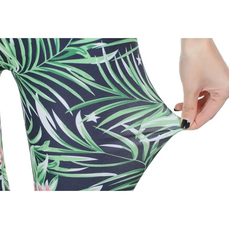 Цветной принт с цветочным рисунком эластичные синие зеленые Леггинсы узором